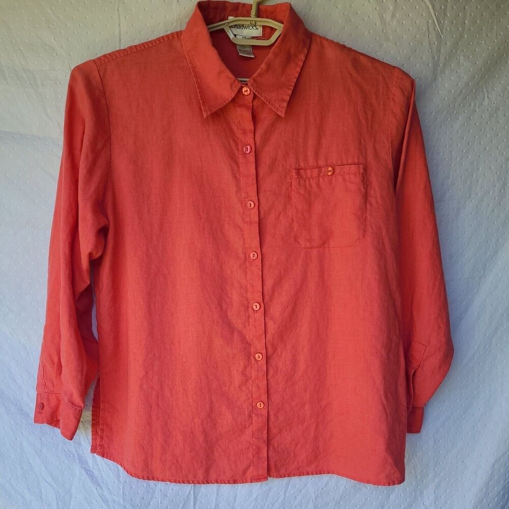 Chadwick's 100% Linen Button Shirt Women 16 W Coral Salmon Chadwick